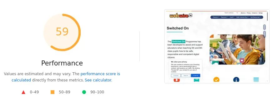 Google PageSpeed results for the Webwise Switched On page